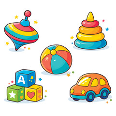 Cute baby toys set with spinning top, stacking rings, ball, blocks, toy car, colorful cartoon vector illustration isolated on white background, perfect for kids design, nursery decor, prints, stikers.