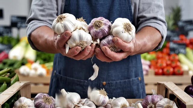 Vendor Holding Fresh Garlic at the Farmers Market