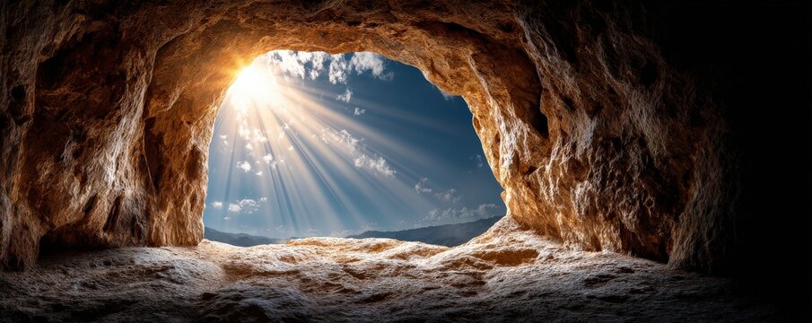 A stunning view from a cave, showcasing sunlight streaming through an opening, illuminating the rocky interior and contrasting with the blue sky.