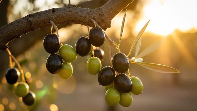 Olives hanging on ancient tree branch in warm golden sunset light