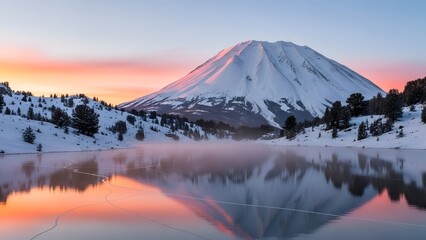A snow-capped volcano reflects in a calm lake at sunrise, with mist rising from the water.