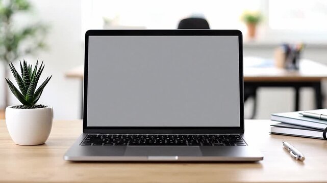 Laptop mockup on desk in modern workspace