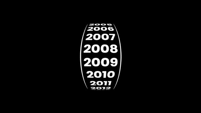 Vertical years counter scrolling smoothly to the year 1999 animation isolated on black background