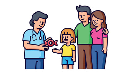 Caring Encounter: A doctor offers a sweet treat to a smiling child, while the supportive family looks on. It is a moment filled with reassurance, care, and the warmth of family bond.