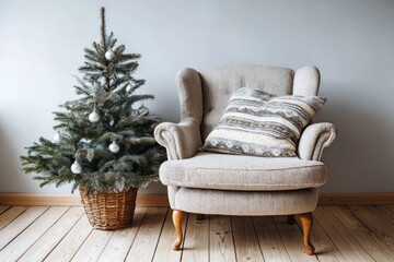 Small decorated evergreen sits beside a cozy upholstered armchair indoors