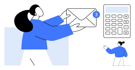 Email management, communication, notifications, digital tools, workplace organization, productivity. Woman holding an envelope with a notification and a calculator nearby. Email management