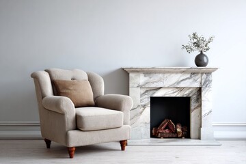 Comfortable upholstered armchair sits beside an elegant marble fireplace against a pale wall