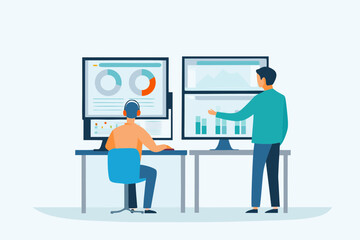 Data analysis and visualization two people reviewing insights on computer screens