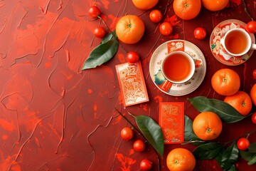 Chinese New Year flat lay composition with fresh tangerines, tea and red envelopes