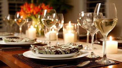 A beautifully arranged dinner table features glassware and simple plates, creating a warm atmosphere perfect for festive gatherings