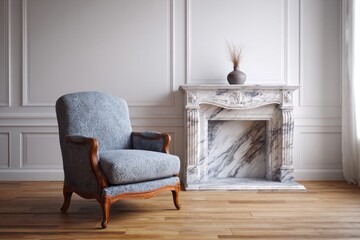 Elegant upholstered armchair positioned next to a classic marble fireplace in a room with paneled walls