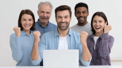 A joyful group of five people celebrating together, with smiles and raised fists, in front of a laptop, showcasing positive teamwork and camaraderie.