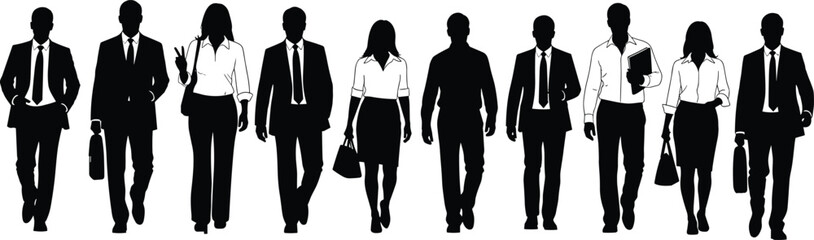 Flat vector silhouettes of business professionals walking forward in formal attire with briefcases, symbolizing teamwork, leadership, success, corporate culture