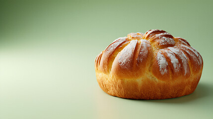 Freshly baked brioche sits on a green surface in a warm kitchen setting during the afternoon, showcasing its golden crust and soft texture