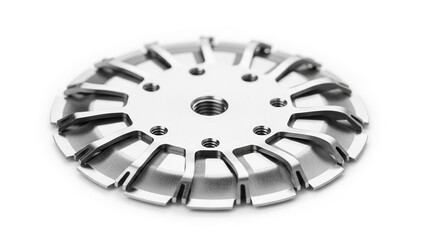 Close-up of a shiny metal clutch disc with radial grooves on a isolated on white background