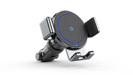 Wireless car phone mount with blue power button isolated on white background