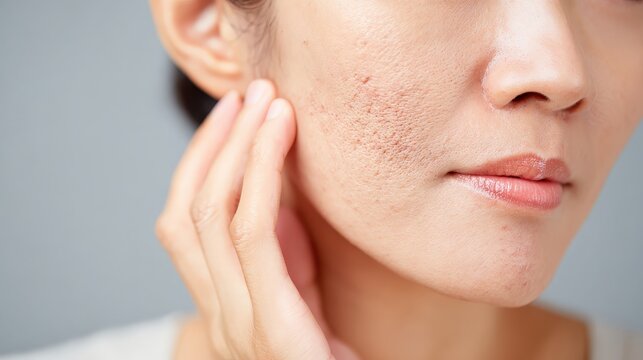 A woman examines her skin, highlighting texture issues, likely related to dryness or acne scars.