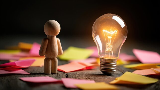 Wooden figure standing beside illuminated light bulb on scattered colorful sticky notes representing creativity, ideas, inspiration, and innovation in a workspace - Powered by Adobe