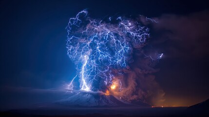 Volcanic ash cloud erupting into the atmosphere with bright blue lightning strikes spreading through dense smoke and ash.