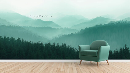 Fototapeta premium Misty mountain range with evergreen forest and flock of birds flying