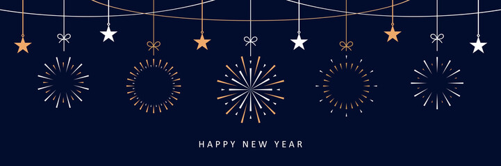 happy new year design with forework and hanging stars vector illustration