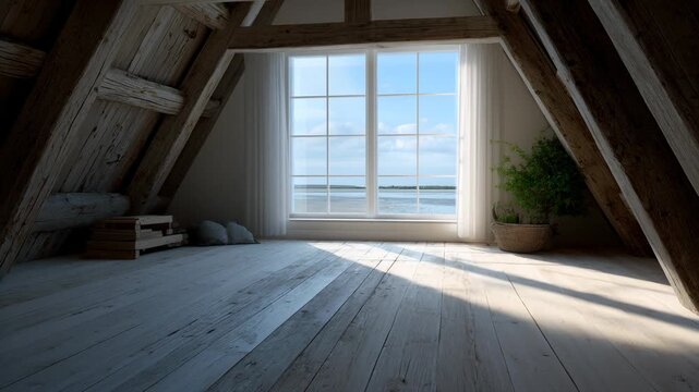 Natural light streams through an attic window overlooking the ocean during a bright afternoon