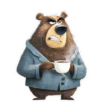 Grumpy Bear's Morning Brew: A disgruntled bear, still in his pajamas and a robe, clutches a steaming mug of coffee, showcasing an unamused expression