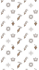 Repeating Pattern of Symbolic Emblems: A seamless composition of whimsical icons including diamonds, crowns, and other emblems creates a visually harmonious pattern.