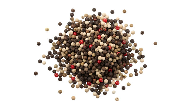 Assorted peppercorns in various colors isolated on a transparent background spices black white