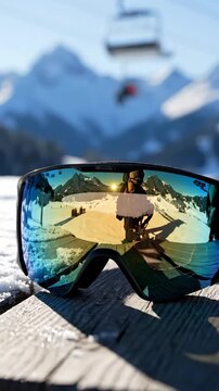 A gloved hand holds ski goggles reflecting a mountain landscape on a snowy surface. Concept of winter sports and adventure. Vertical video.