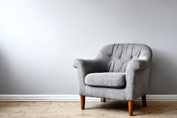 Comfortable upholstered seat rests against a light colored interior wall above wooden flooring