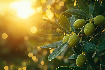 Fresh green olives on a leafy branch covered with dew drops, softly lit by warm golden sunlight with a natural bokeh background in a tranquil orchard setting.