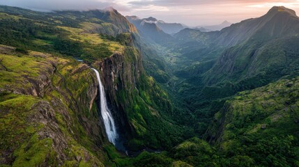 Waterfall plunges off a cliff into a lush valley at sunrise, with flowing water and early light shaping the natural landscape.