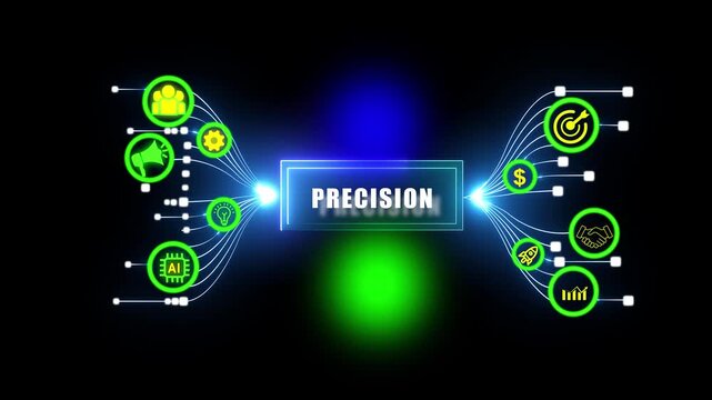 Modern business Precision concept banner with neon glowing icons representing strategic growth, financial achievement, technology innovation,n marketing excellence, and proactive corporate leadership
