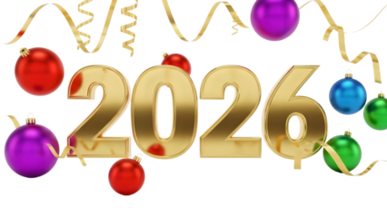 Golden 2026 new year celebration with colorful balloons isolated on transparent background