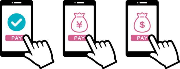 スマートフォンと手のアイコン。タップ。クリック。（Hand touch screen smartphone icon. Click on the smartphone.）
