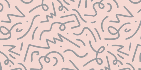 Abstract Pattern of Gray Squiggly Lines and Dots on Pink Background.