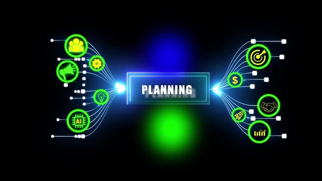 Modern business Planning concept banner with neon glowing icons representing strategic growth, financial achievement, technology innovation,n marketing excellence, and proactive corporate leadership
