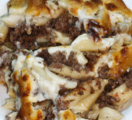 Baked Macaroni and Bechamel with Ground Beef, Top View