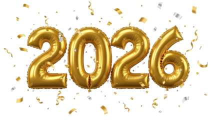 Golden balloons forming 2026 isolated on transparent background