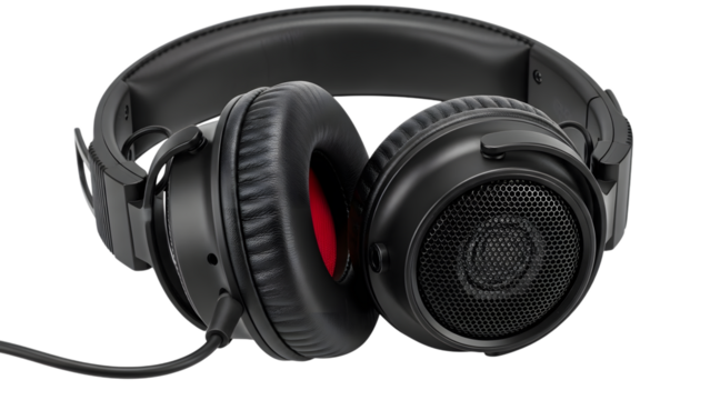 Black headphones with red interior and mesh speaker isolated on a transparent background audio - Powered by Adobe