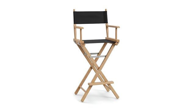 A classic directors chair with a black canvas seat and back, made of natural wood, standing on a white background.