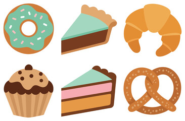 Colorful assorted pastries and desserts set with donut croissant cake pretzel cupcake