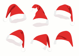 A collection of vibrant red santa hats with fluffy white trim displayed