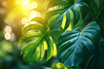 Lush green monstera leaves glowing in warm sunlight with soft bokeh background, creating a vibrant, tropical botanical scene perfect for nature, wellness and decor concepts.