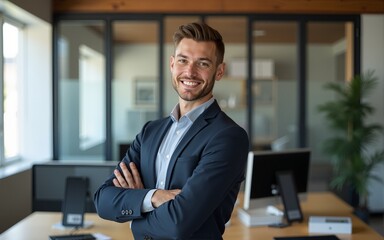 Fototapeta premium Confident young businessman posing in office looking at camera and smiling. High quality