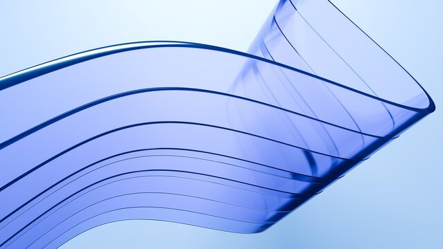 Abstract wavy curved 3d render. Blue soft layers of glass plastic with lines, folds, ruffles. Modern wallpaper, texture pattern.