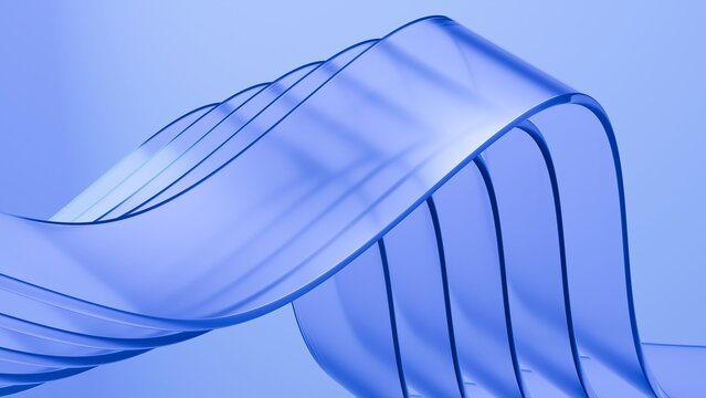 Abstract wavy curved 3d render. Blue soft layers of glass plastic with lines, folds, ruffles. Modern wallpaper, texture pattern.