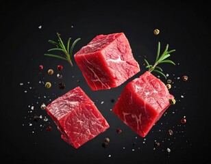Cubed raw beef with herbs and spices floating