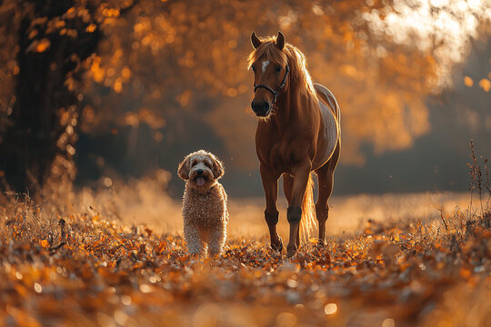 A fluffy dog and a chestnut horse walk side by side through a sunlit forest covered in fallen autumn leaves, with warm golden light creating a peaceful, cozy mood.